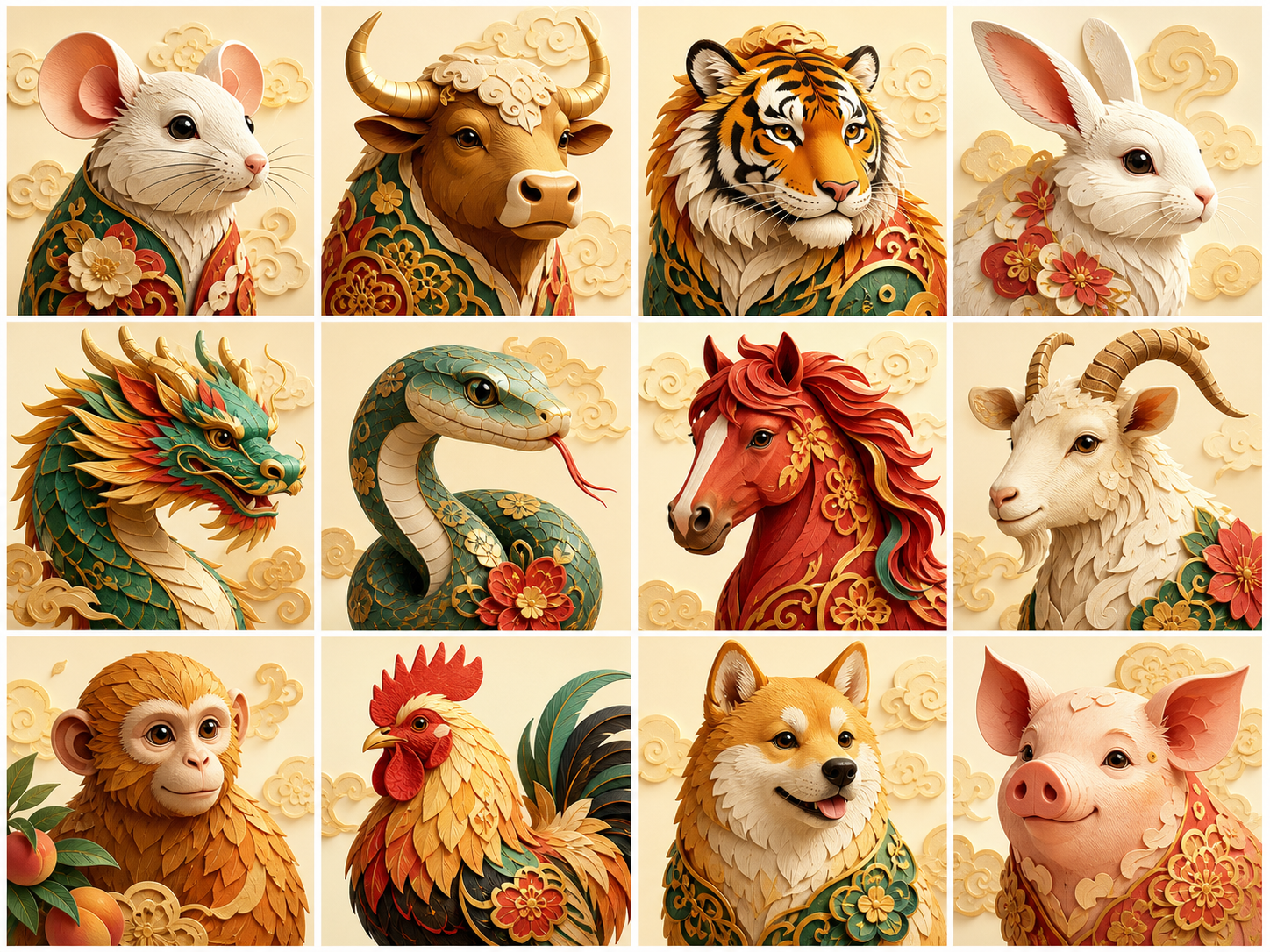 Os doze animais do zodíaco chinês em uma grade ilustrada